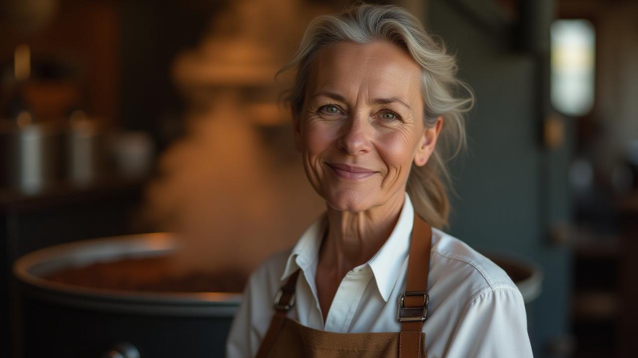 Warm, authentic portrait of Betty Louise Gossler, smiling slightly in her coffee roastery environment, surrounded by coffee beans and roasting equipment.