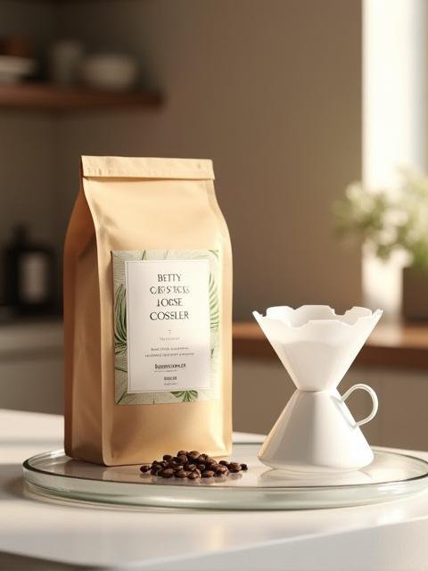 Beautifully packaged bag of Betty Louise Gossler light roast coffee beans, standing next to a ready-to-brew V60 dripper.