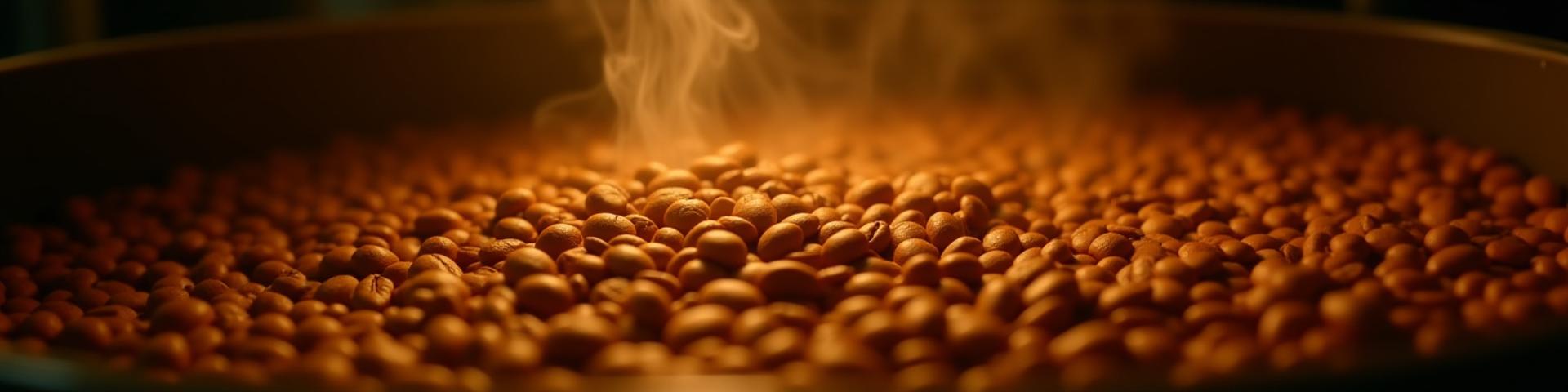 Close-up of coffee beans tumbling and moving in a large, industrial coffee roaster with subtle steam and heat visible.