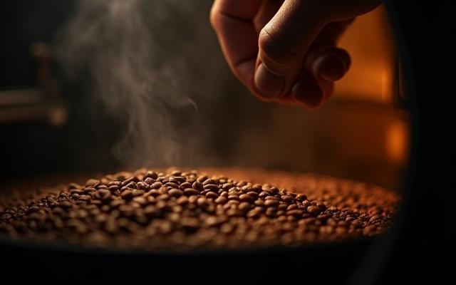 A roaster carefully observing a sample bean tray from the roaster, focusing on color change and listening for 'first crack' sounds.
