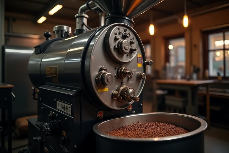 A gleaming, large commercial coffee roaster in operation, showing intricate pipes and controls.