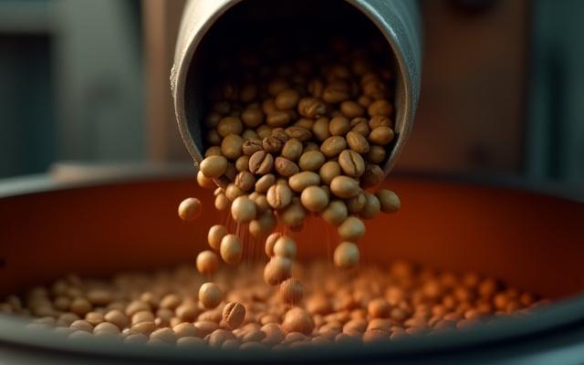A roaster funnel dropping green coffee beans into a pre-heated roasting drum, with a subtle cloud of dust.