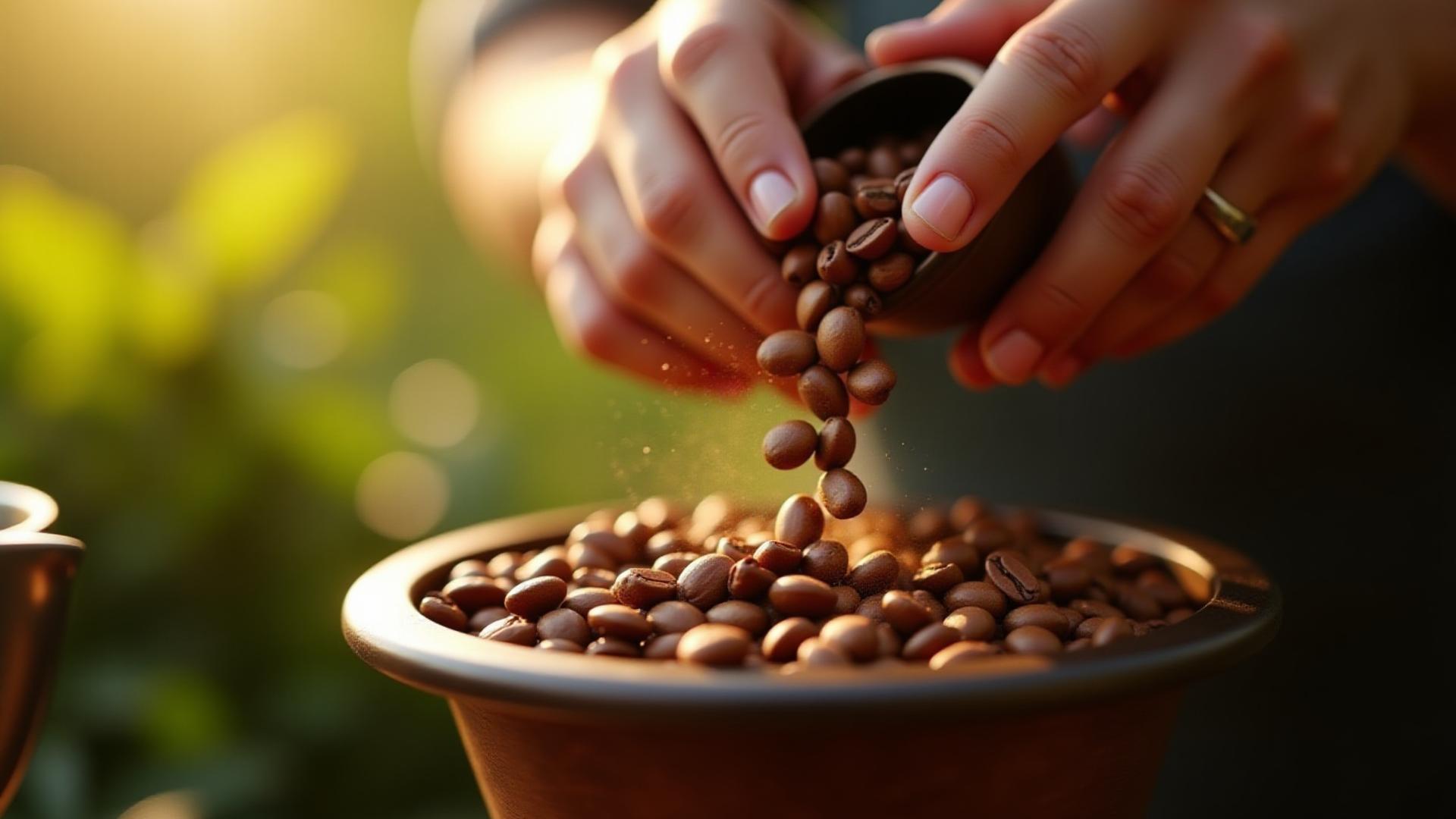 Close-up of a hand pouring fresh roasted coffee beans into a grinder, surrounded by lush coffee plants with a warm, inviting glow