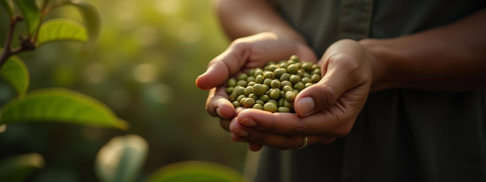 Close-up of a coffee farmer's hands gently holding green coffee beans, symbolizing ethical sourcing and direct trade.