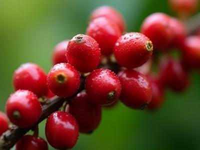 Close-up of freshly picked red coffee cherries on a branch, ready for processing