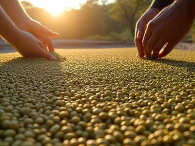 Coffee farmer carefully sorting green coffee beans on a drying bed in the sun
