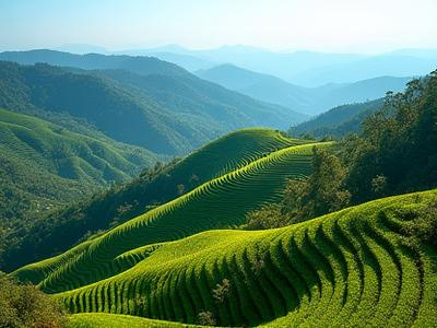 Panoramic view of terraced coffee farms nestled in lush Ethiopian mountains