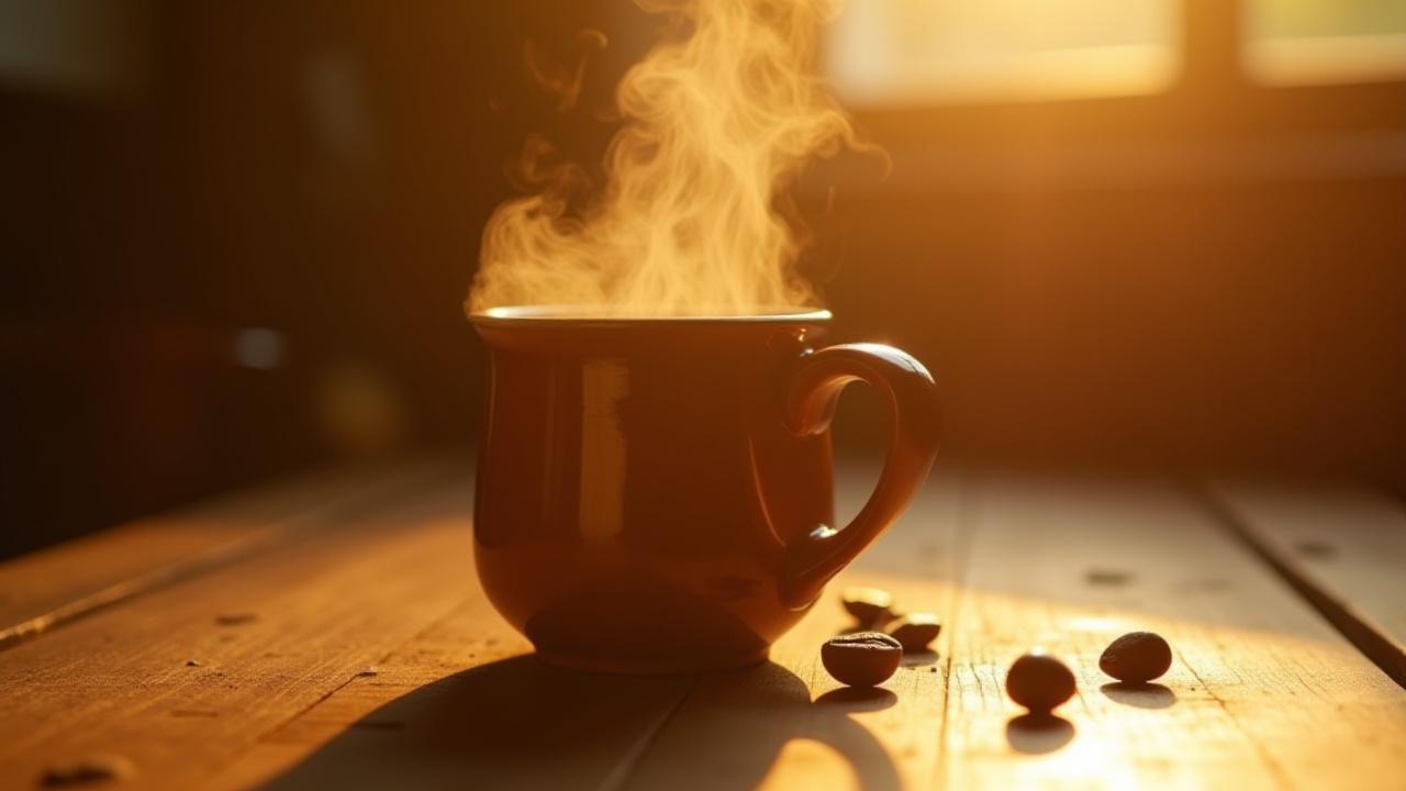 Close-up of freshly brewed Guatemala Huehuetenango coffee, steaming, in a ceramic mug on a wooden table.