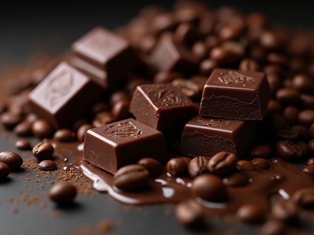 A decadent pour of melted dark chocolate and scattered coffee beans, evoking rich and chocolatey coffee notes.